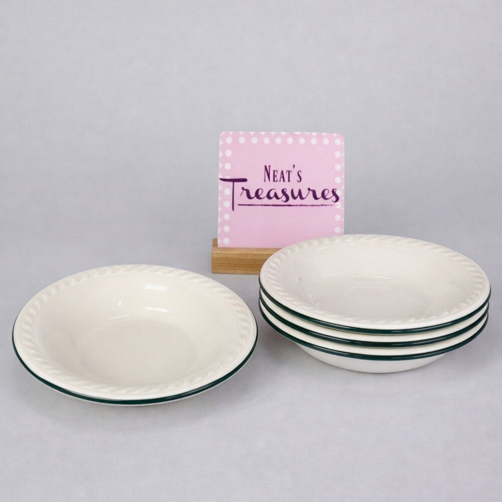 Totally Today White Embossed Rope Green Trim Rim Rimmed Soup Cereal Bowls Set 4